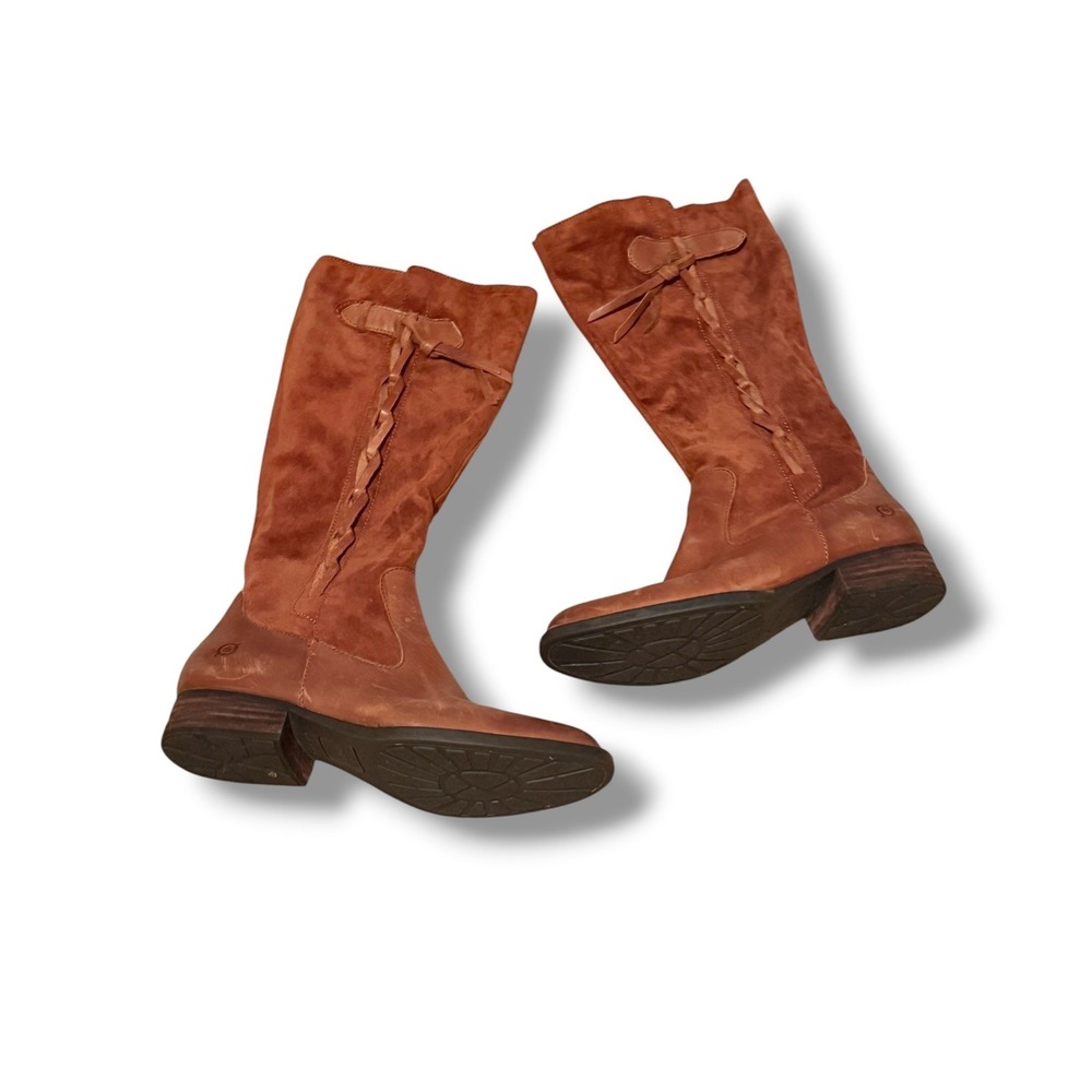 Born‎ Cook Tall Boots Womens 8.5 Cognac Brown Leather Suede Braided Riding Boots